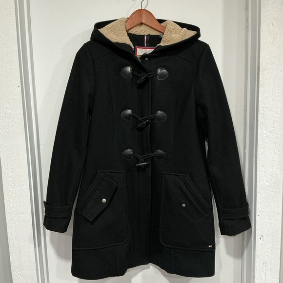 Tommy Hilfiger Jackets & Blazers - Tommy Hilfiger Wool Blend Duffle Coat, Toggle Buttons, Hood, Black, Small